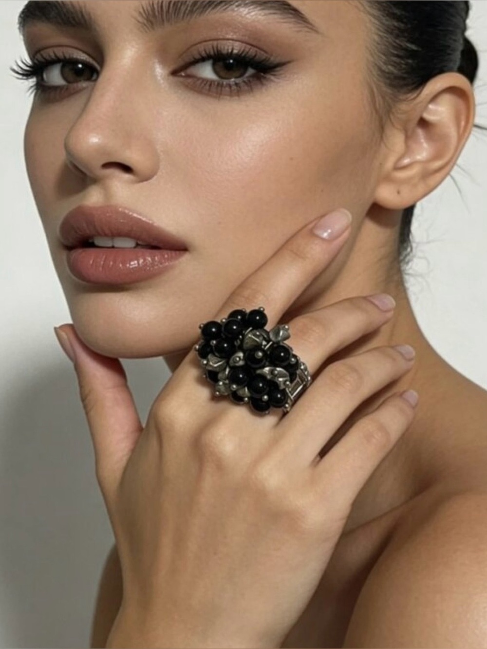 Bold Cluster Black Bead Statement Ring - Women Jewelry